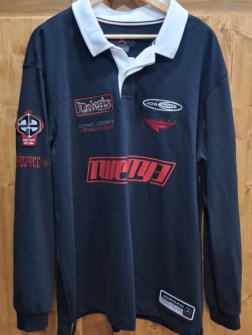 Jordan Men’s Long-Sleeve Polo in Black with White Collar and Red Logos New